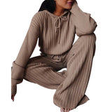 Prettyswomen 2022 Autumn Winter Knitted Two Piece Sweatershirt Set Women Wide Leg Pants Suit Loose Solid Gray Casual 2 Piece Set Tracksuit