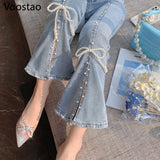 Prettyswomen Spring Autumn Sweet High Waist Split Denim Pants Women Elegant Chic Beading Bowknot Boot Cut Pants Girls Vintage Fairy Jeans