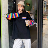 Prettyswomen Long Sleeve Shirts Women Rainbow Striped Patch Designs Long-Style Korean Leisure Hip-Hop Fashion Female T-Shirt Teens Preppy New