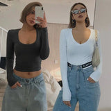 2022 Spring Autumn Slim Sexy Women T-shirt Long Sleeve T shirt U-Neck Gray Tees Female Solid Black/White Korean Crop Tops Y2k