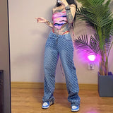 Prettyswomen Fashion Plaid Hollow Out Streetwear Jeans Women Club High Waist Button Fly Straight Pants Korean Baggy Denim Holes Pants