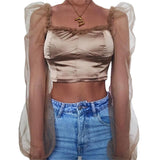 Sexy Women Long Puff Sleeve Shirt Blouse Deep U Neck Mesh See Through Blouse Top For Club Party wear