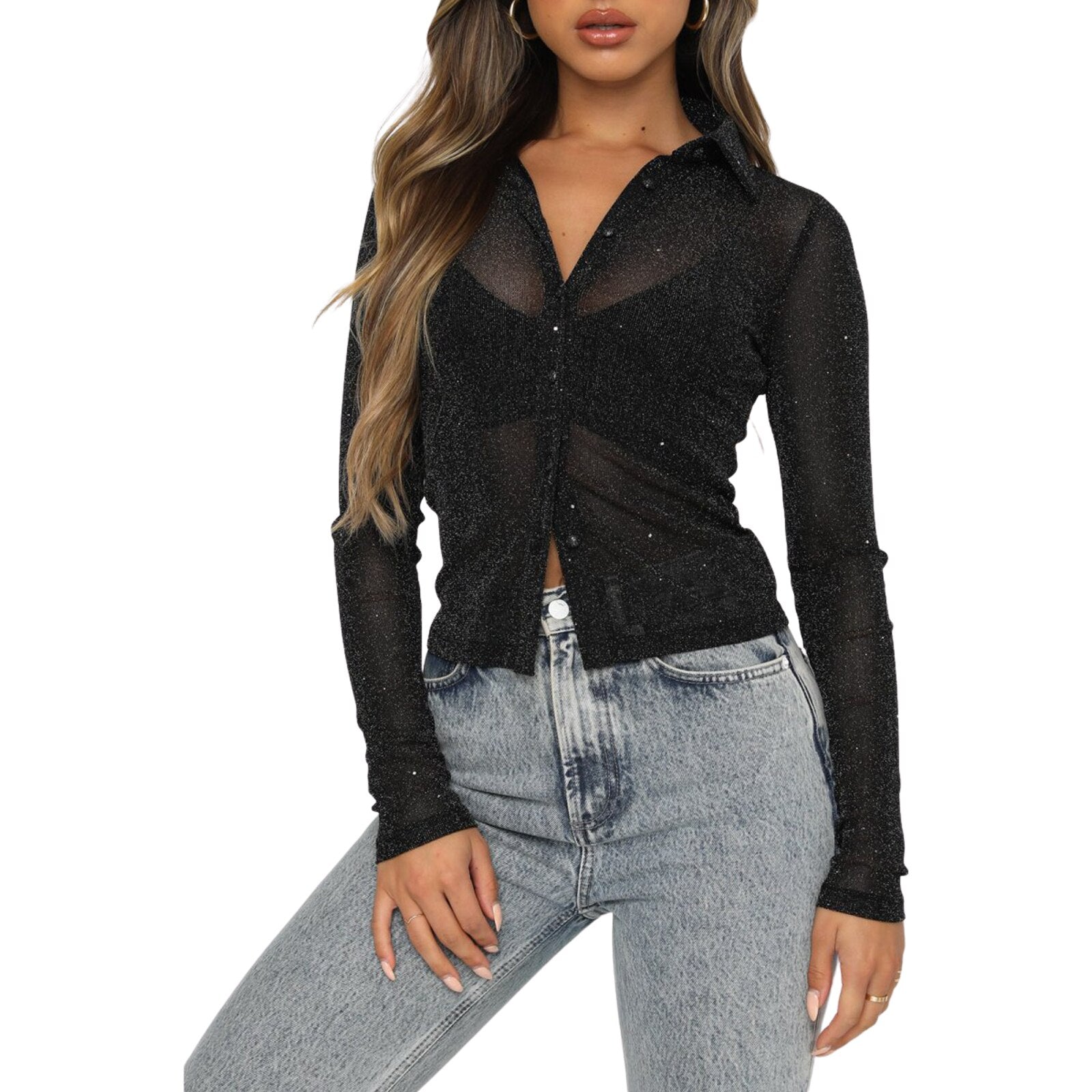 Prettyswomen Y2K Female Shirt Solid Color Turn-Down Collar Long Sleeve Tops See-Through Blouse For Adults Women Black Brown 2022