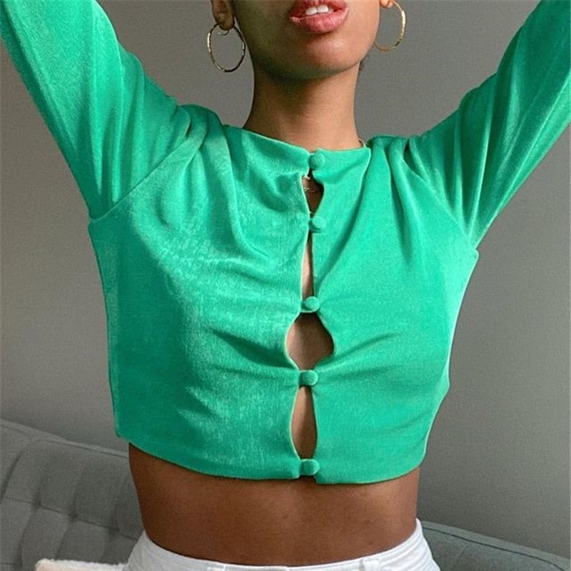 Back to college  Sexy Long Sleeve Blouse Crop Top Spring 2022 Women Fashion Button Up Cardigan Orange Green Ladies T Shirt C92-CB15