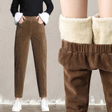 Thanksgiving Day Gifts Prettyswomen Women Thick Plush Corduroy Pants 2022 Winter Casual Solid Color High Waist Harem Pants Female Warm Fleece Long Pants Trousers