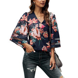2022 Vintage Print Women Blouse Shirt V neck Three Quater Sleeve Loose Shirt Summer Chiffon Pullover Shirt