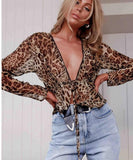 2022 women sexy leopard shirt long sleeve deep v neck shirt summer club wear for young ladies