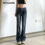 Prettyswomen Casual Vintage  Black Jeans Women 2000s Aesthetic Skinny Flared Pants Capris with Belt Fashion Korean Trousers