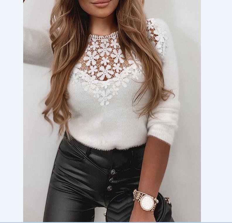 Women's Casual Eyelash Lace Sweater, Solid Color Long-sleeved Top, Tight High Neck Plush Blouse