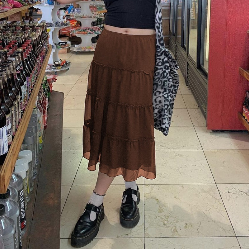 Prettyswomen Y2k Fairy Grunge Kawaii High-Waisted Vintage Brown Long Pleated Skirt Midi Skirt Women Korean Harajuku Retro Mall Goth Clothes