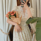 Vintage Floral Dress Women Elegant Lace Chiffon Korean Party Dress Puff Sleeve V Neck Midi Dress Fall Dresses for Women 2022