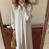 Prettyswomen Women Autumn Beige Long Loose Lace Dress V Neck Straight Full Sleeve Pullover Maxi Dresses Female