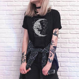 Prettyswomen Gothic T-shirt Female Summer O-neck Short-sleeved Rose Moth Moon Chic Print Pattern Vintage Casual Punk Clothes Dark Mujer Top