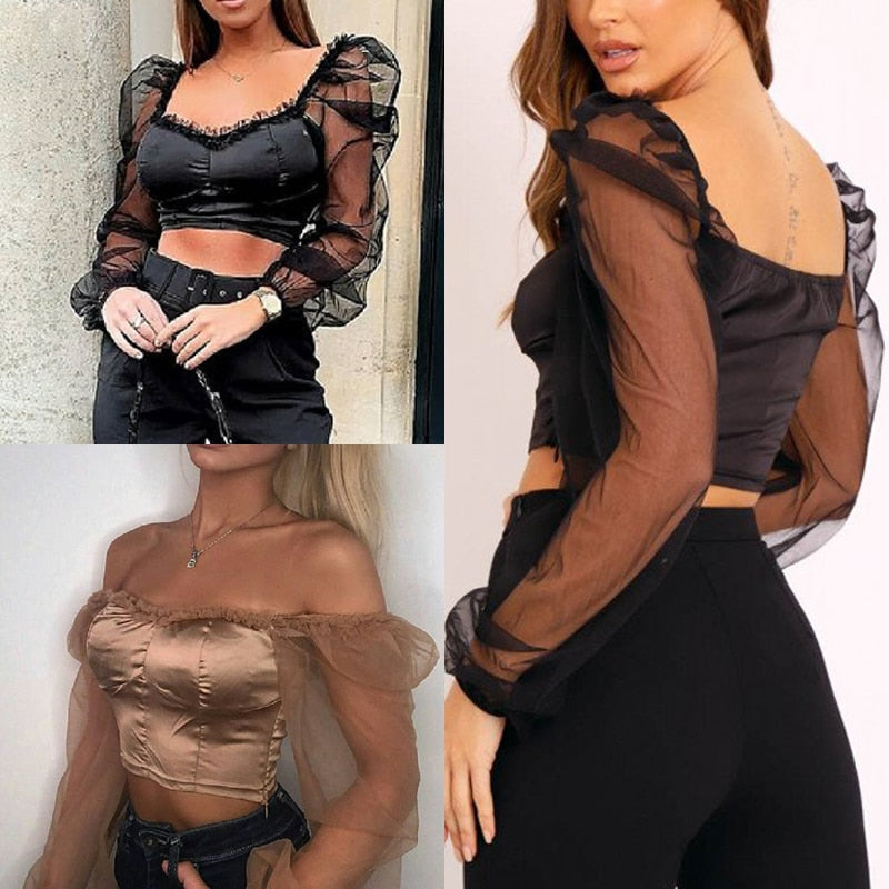 Sexy Women Long Puff Sleeve Shirt Blouse Deep U Neck Mesh See Through Blouse Top For Club Party wear
