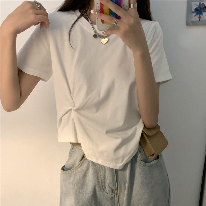 Prettyswomen T-Shirts Women Summer Solid Pleated Design Tops O-Neck Short Sleeve Loose All-Match Korean Style Breathable Streetwear Ladies