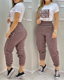 Prettyswomen Houndstooth Letter Print Pants Suit Women Summer  2022 New Classic Set Casual Short Sleeve Top & High Waist Pants Set