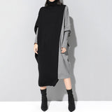 Black Friday Sales Women Korean Style Spliced Knitted Midi Dress Autumn Fashion Turtleneck Long Sleeve Oversized Dresses All-Match Elegant Female