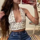 Vintage Printe Vest Corset Summer Beach Clothes Women Cross Sling Crop Top Sexy Sleeveless Y2K Camisole Backless Halter Top 90s