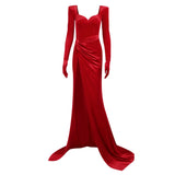 Elegant Evening Gala Dresses Women Square Collar Long Sleeve With Gloves Folds High Slit Floor Length Dress Autumn 2022