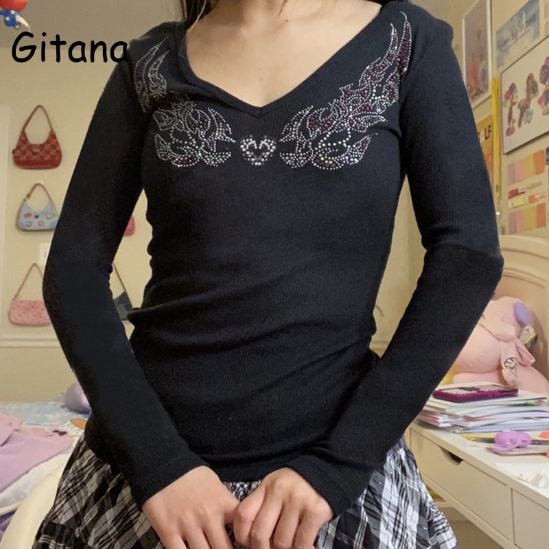 Prettyswomen Diamonds Fairy Grunge Knitted T shirts Women Long Sleeve Tee shirt Harajuku V Neck Crop Tops 2022 Autumn