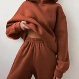 Prettyswomen Women's Fleece-Lined 2 Piece Set Winter Solid Warm Elegant Tracksuit Oversized Hoodies Pullover Sweatshirt And Pants Sportwear