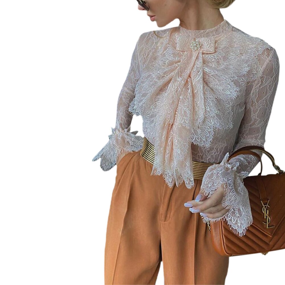 Sexy Women Ladies Blouse Lace Shirt Long Sleeve Bow Tie Ruffles Flare Sleeve Shirt Blouse For OL Ladies