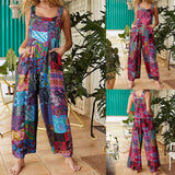 Prettyswomen Women Ethnic Style  Jumpsuits Summer Overalls Multicolor  Square Neck Sleeveless Casual Rompers With Pockets For Girls Playsuit