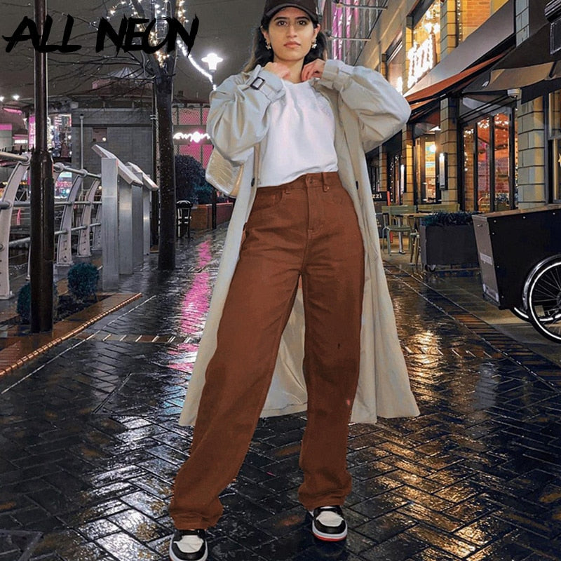 Indie Aesthetics High Waist Wide-Leg Brown Jeans Streetwear Denim Baggy Pants 90s Fashion Straight Trousers Spring
