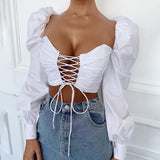 Women's Lace Up Front Hollow Out Crop Top Solid Color V-neck Long Puff Sleeve Slim-Fit T-Shirts Female Club Party Streetwear