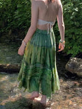 Vintage Green Women Long Skirt Aesthetic Graphic Print Hight Waist Cute Casual Midi Skirts Grunge Sweet Lady Outfits