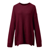 Black Friday Sales Women's Fashion Crewneck Sweater Oversize Vintage Autumn Solid Color Long Sleeve Side Slit Loose Knit Pullover Jumper Tunic Tops