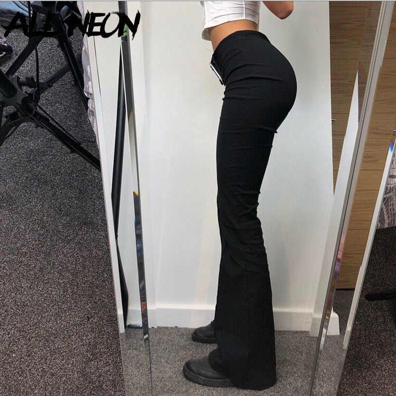 Y2K Streetwear Retro Belted Low Rise Flare Pants Indie Aesthetics Skinny Solid Full Length Black Trousers Gothic Pants