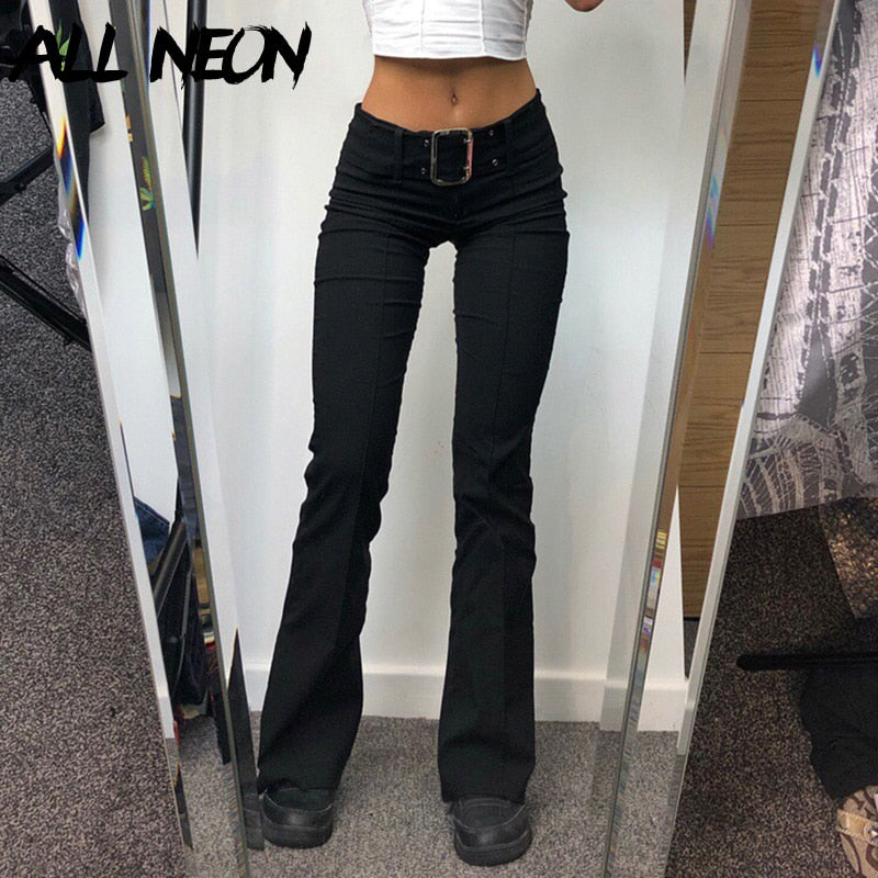 Y2K Streetwear Retro Belted Low Rise Flare Pants Indie Aesthetics Skinny Solid Full Length Black Trousers Gothic Pants