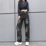 Prettyswomen 2022 Women High Waisted Jeans Butterfly Print Straight Wide Leg Denim Pants Baggy Loose Casual Trousers Streetwear 2022 Spring New