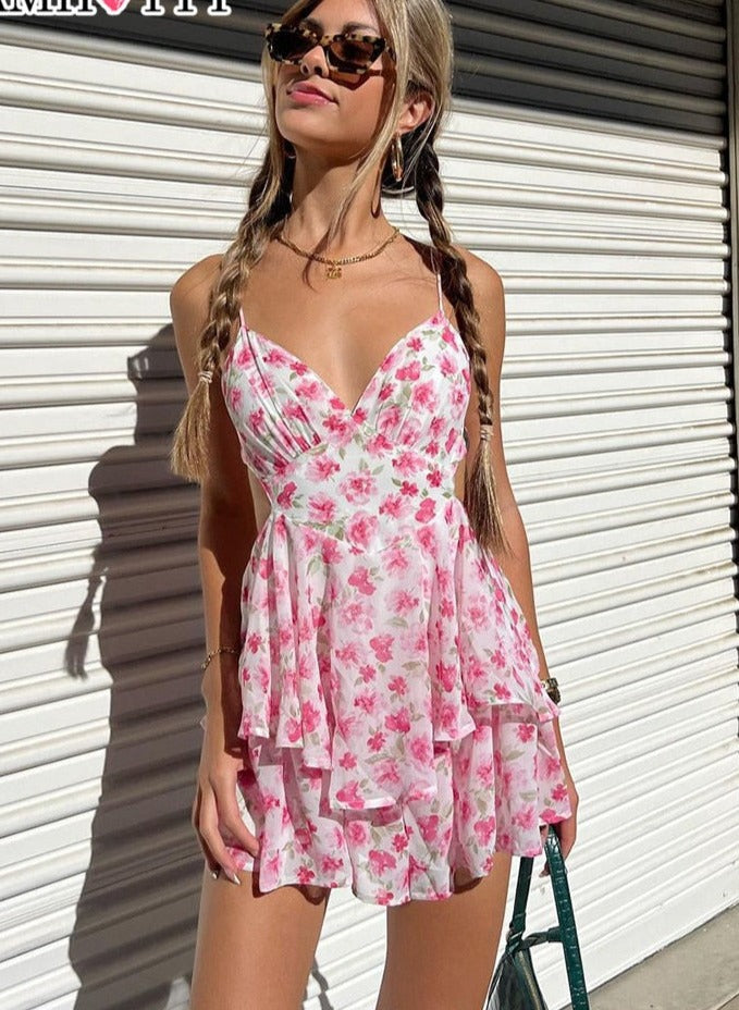 Lace-up Backless Short Party Dress Pink Floral V-neck Sexy Sundress Beach Vacation Y2K Dresses Kawaii Aesthetic Outfit