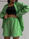 Prettyswomen Stylish Cotton Casual Women Two Piece Short Sets Summer High Waist Green Shirt Suit Set Fashion 2 Pieces Sets 2022