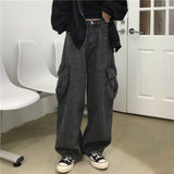 Prettyswomen  Grunge Streetwear Gray Baggy Jeans Women Korean Fashion Oversized Pockets Cargo Denim Pants Hip Hop Wide Leg Trousers