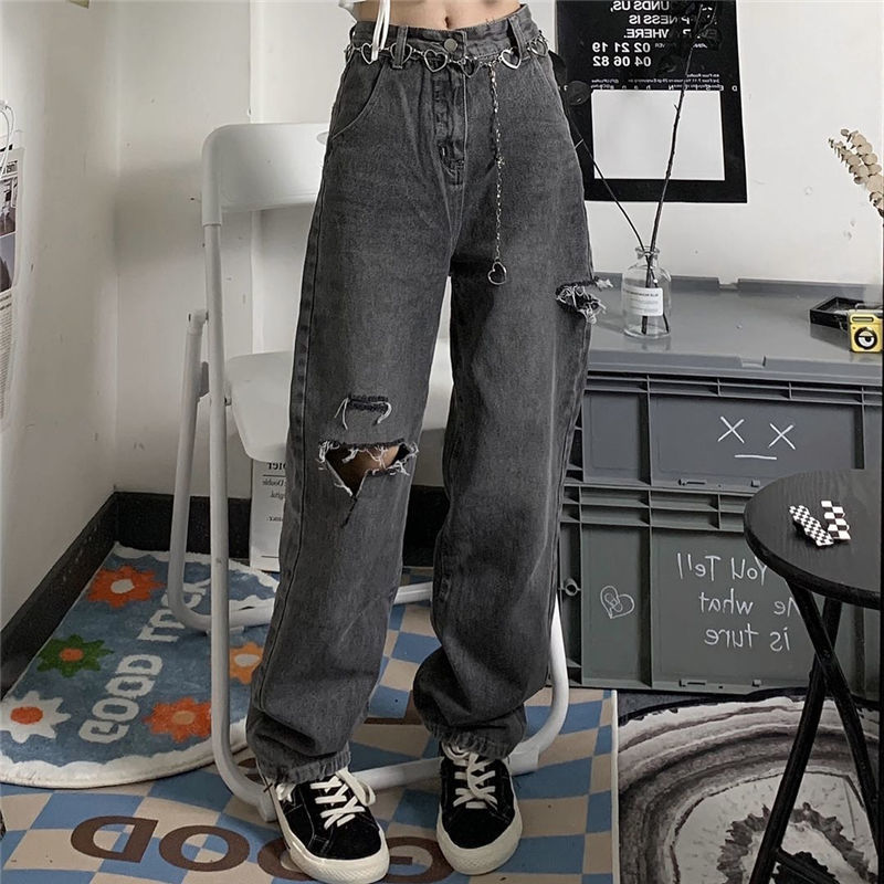 Prettyswomen Vintage streetwear y2k dark gray ripped jeans for