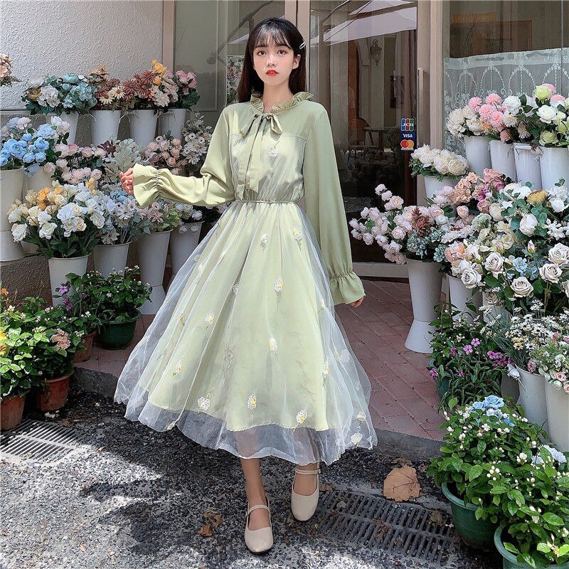 2022 New Spring Chiffon Long Sleeve Fairy Dress Party Green Dresses Ka –  PrettysWomen