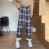 Black Friday Sales Fashion Warm Plush Pants Thick Plaid Women Winter Casual Loose Wide Leg Trousers Korean Streetwear Straight Student New