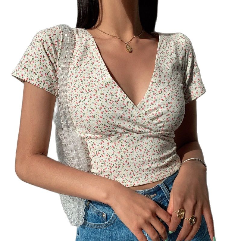 Fashion Sexy Printed Short Sleeve Crop Top Tee Shirt Women Summer