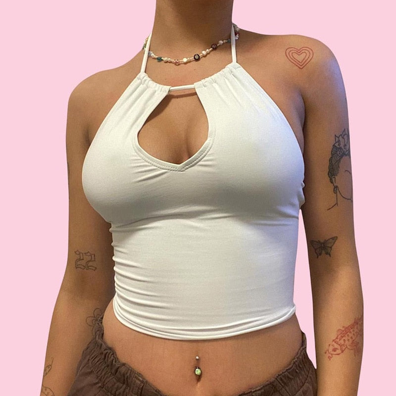 Prettyswomen Summer Hollow Out Halter Tank Tops Backless Skinny Camis Women Casual Basic Crop Tops 2022 New Fashoin Vest Streetwear
