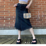 Y2K Streetwear Retro Distressed High Waist Denim Skirts E-girl Cute Fairy Irregular Hem Midi Jeans Skirt Blue Bottoms