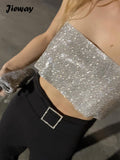 Prettyswomen Sexy Shining Y2K Top Women Glitter Corset Backless Tank Top Crop Top Solid Slim Camis Summer Sequin Top Bra Party Club Outfits
