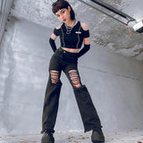 Mall Goth Y2K High Waist Black Denim Long Pants Grunge Punk Streetwear Full Length Distressed Ripped Jeans Women Fashion