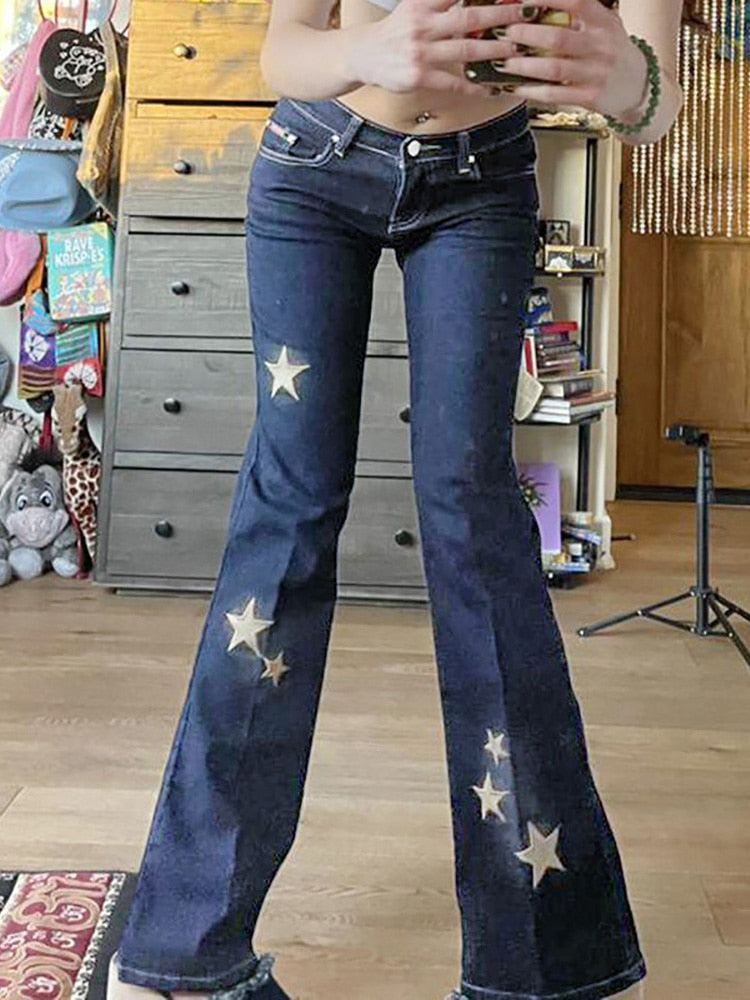 Prettyswom 2000s Aesthetics Retro Low Rise Flare Jeans Y2K Streetwear Golden Pentagram Embroidery Trim Full Length Denim Pants 2023