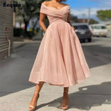 Baby Pink A Line Organza Midi Prom Gowns Pleats Tea-length Homecoming Dresses Princess Formal Prom Party Dresses 2022