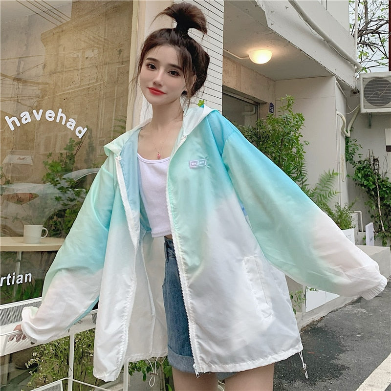 Prettyswomen Korean Style New Summer Women Casual Long Sleeve Gradual Change Print Outerwear & Coats Loose Hooded Collar Zipper Jackets V471