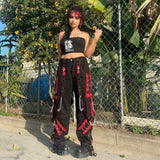 Prettyswomen Punk Wide Leg Pants Streetwear Low Rise Baggy Gothic Cargo Pants Korean Hip Hop Patchwork Casual Trousers Women Harajuku