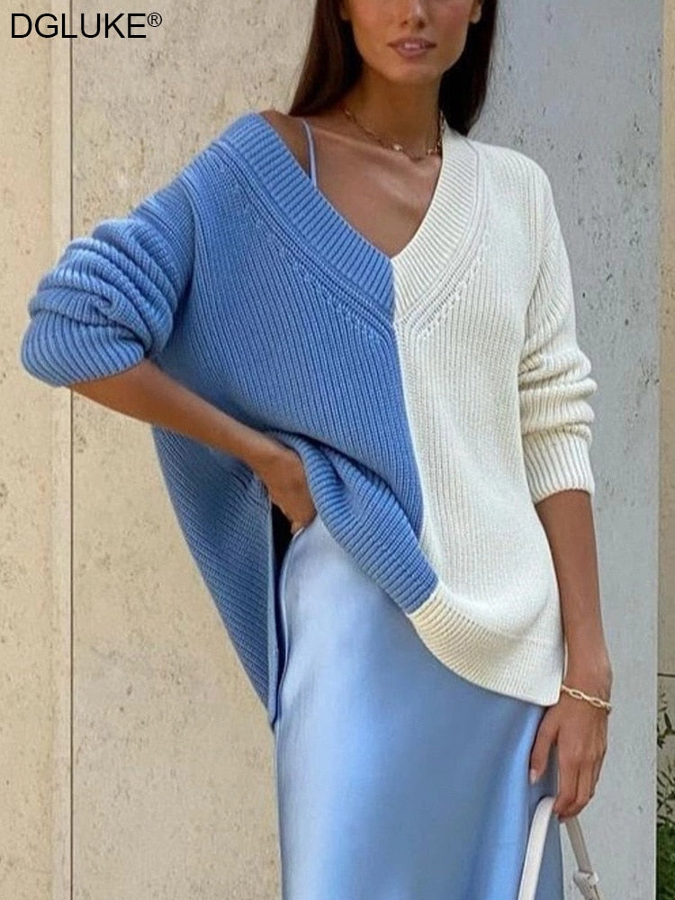 V-Neck Long Sleeve Oversized Sweater Women 2021 Fashion Colorblock Knitted Sweater Autumn Winter Jumper Knitwear Pullover